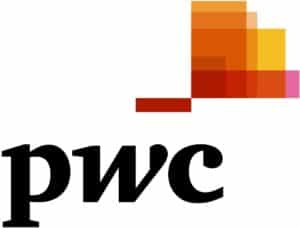 PwC-Logo mit farbigem Balkendiagramm.