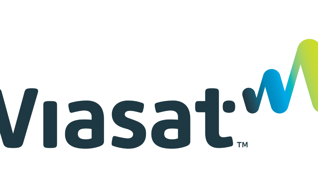 Viasat-Logo mit stilisiertem Signalwellensymbol.