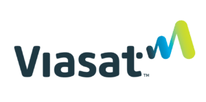 Viasat-Logo mit stilisiertem Signalwellensymbol.