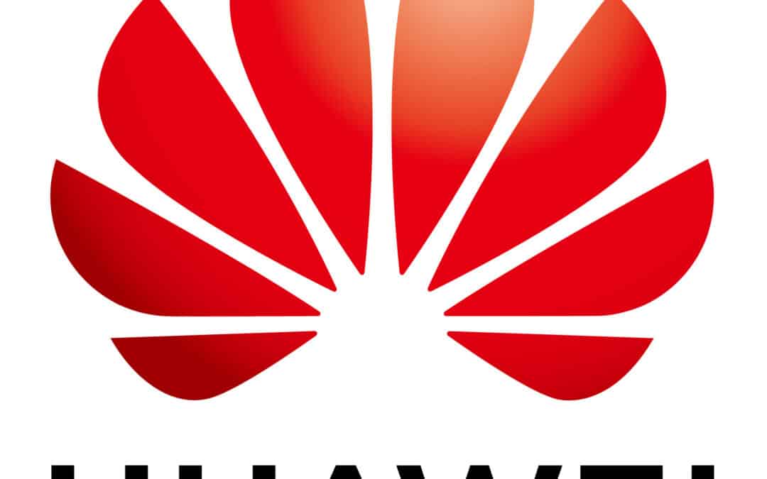Huawei-Logo mit roter Blüte und Schriftzug.
